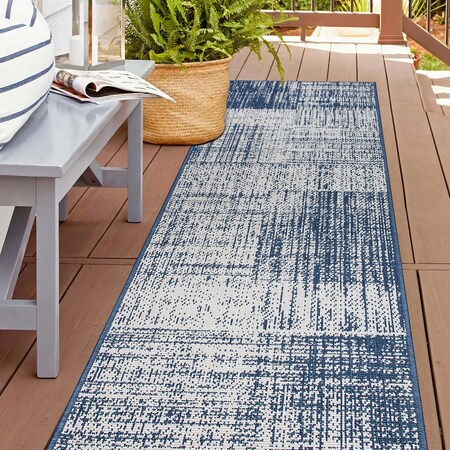 World Rug Gallery Contemporary Distressed Boxes Weather Resistant Indoor/Outdoor Runner Rug 2' x 7' Blue 4032BLUE2X7